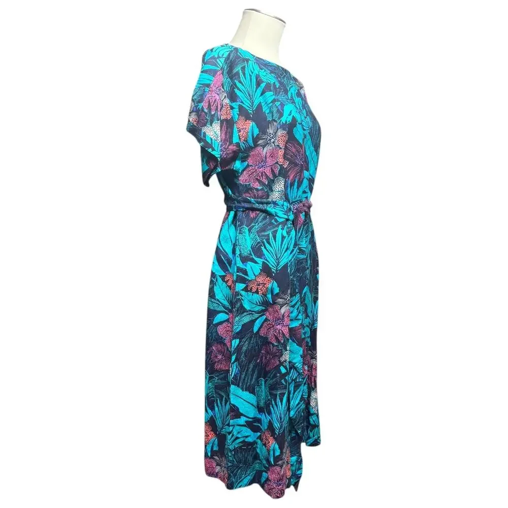 Ann Taylor Loft Linen Tropical Midi Dress Blue Green Pink Purple Small Petite